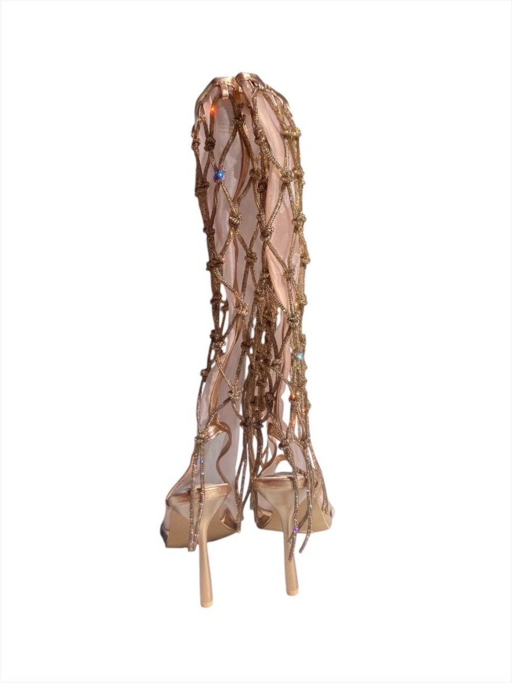 Women's Rose Gold Rhinestone Net Knee-High Heels, 10 - Picture 6 of 8